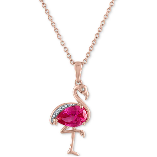 Lab-Created Pink Sapphire (1-3/8 ct. t.w.) & Diamond Accent Flamingo Pendant Necklace in 14k Rose Gold-Plated Sterling Silver, 16" + 2" extender