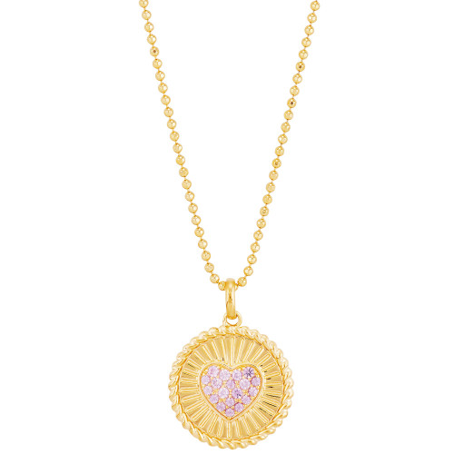 Lab-Created Pink Sapphire Heart Disc Pendant Necklace (1/5 ct. t.w.) in 14k Gold-Plated Sterling Silver, 16" + 4" extender