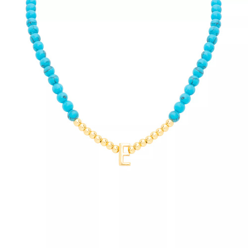 Reconstituted Turquoise & Polished Gold Bead Initial 18" Pendant Necklace in 14k Gold-Plated Sterling Silver