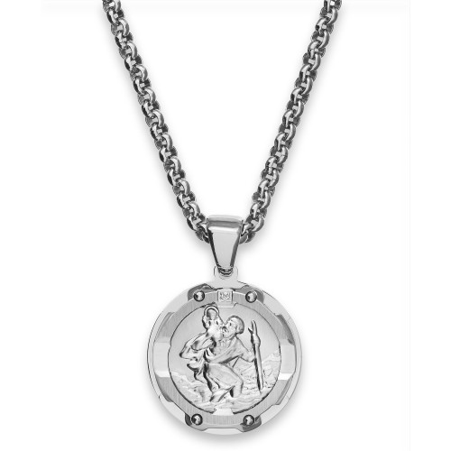 Men's St. Christopher Diamond Pendant Necklace in Stainless Steel