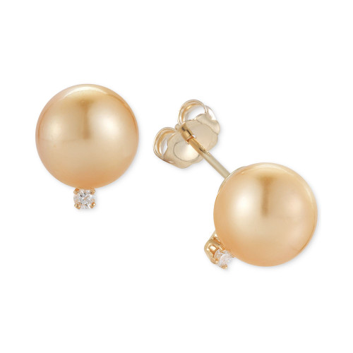 Cultured Golden South Sea Pearl (9mm) and Diamond Accent Stud Earrings in 14k Gold