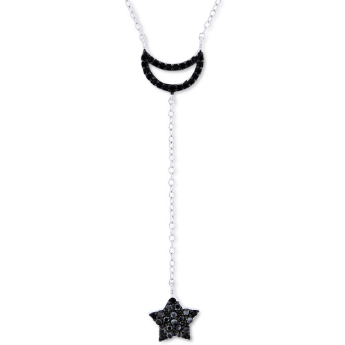 Black Spinel Moon & Star Lariat Necklace in Sterling Silver, 16" + 2" extender