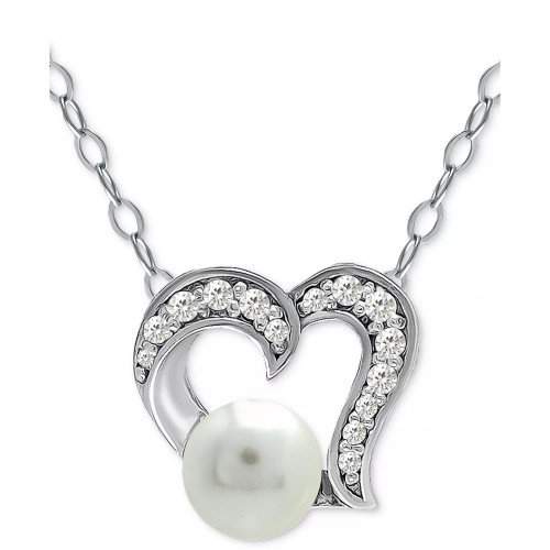 Freshwater Pearl (5mm) & Cubic Zirconia Open Heart Pendant Necklace, 16" + 2" extender, Created for Macy's