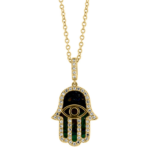 EFFY® Azurite & Diamond (1/6 ct. t.w.) Hamsa Pendant 18" Pendant Necklace in 14k Gold