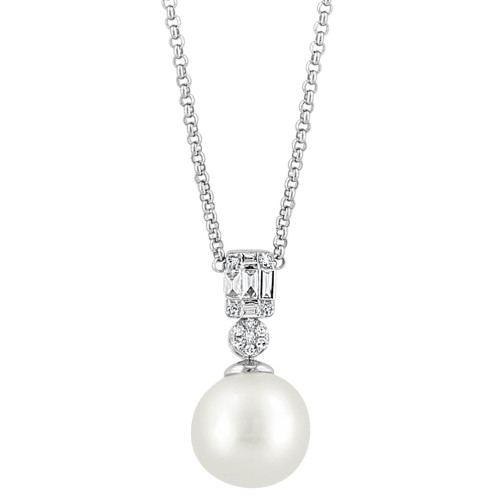EFFY® Cultured Freshwater Pearl (9mm) & Diamond (1/10 ct. t.w.) 18" Pendant Necklace in 14k White Gold
