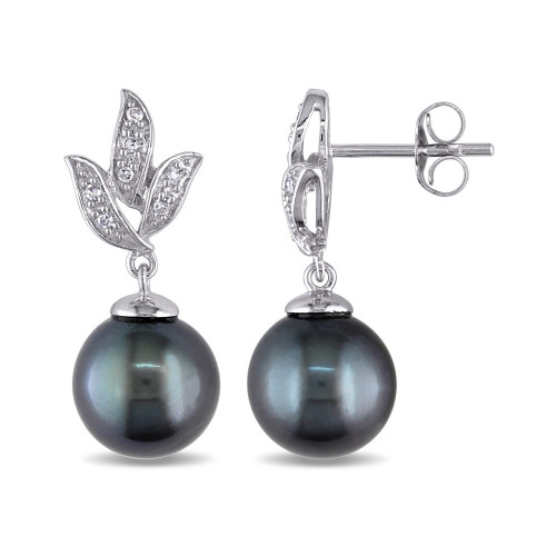 Tahitian Cultured Pearl (9-9.5mm) and Diamond (1/10 ct. t.w.) Floral Earrings in 10k White Gold