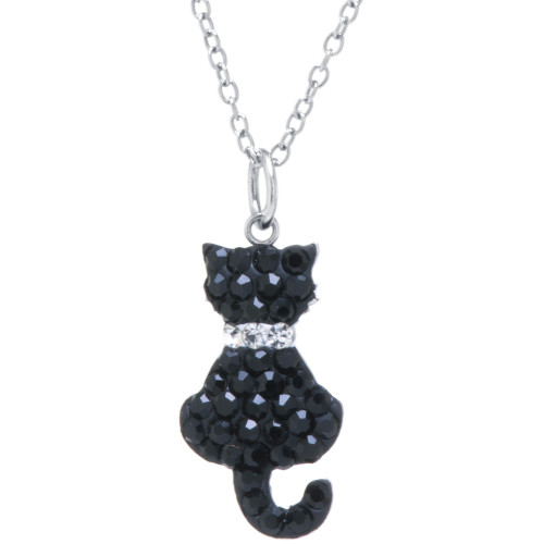 Black Pave Crystal Cat Pendant with 18" Chain set in Sterling Silver