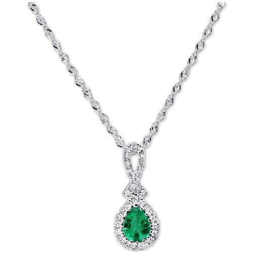 Emerald (1/4 ct. t.w.) & Diamond (1/10 ct. t.w.) Teardrop 18" Pendant Necklace in 14k White Gold