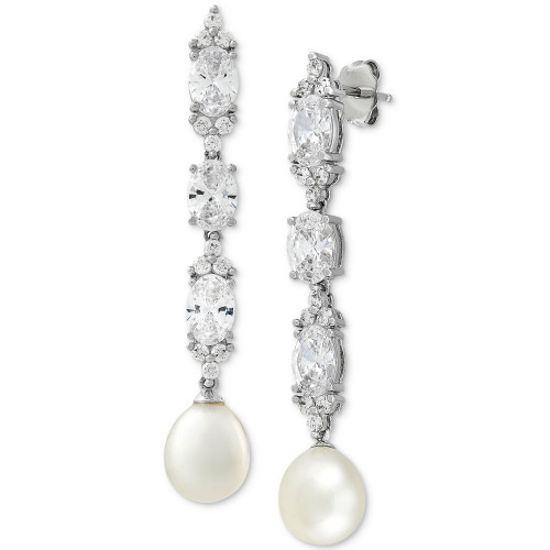 Cultured Freshwater Pearl (8-1/2mm) & Cubic Zirconia Linear Drop Earrings in Sterling Silver
