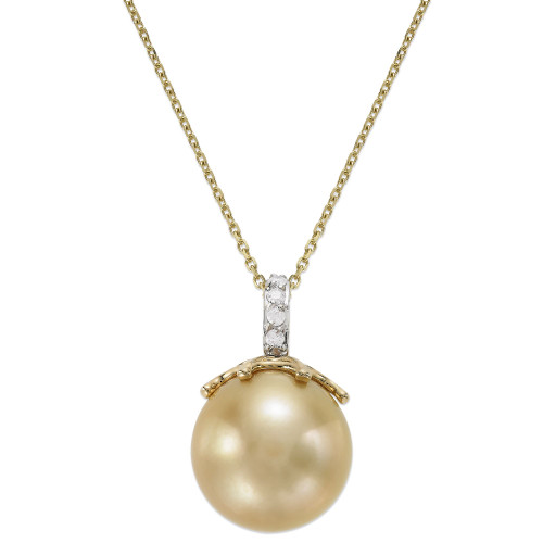 14k Gold Golden South Sea Pearl (14mm) and Diamond Accent Crown Pendant Necklace