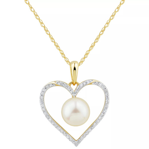 Cultured Freshwater Pearl (7mm) & Diamond (1/7 ct. t.w.) Heart 18" Pendant Necklace in 14k Gold (Also in White Gold)