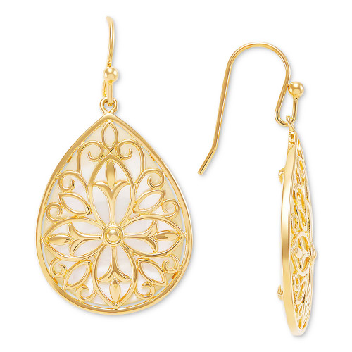 Mother-of-Pearl Filigree Overlay Teardrop Drop Earrings in 14k Gold-Plated Sterling Silver