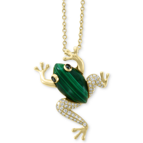 EFFY® Malachite (14 x 8mm) & Diamond (1/6 ct. t.w.) Frog 18" Pendant Necklace in 14k Gold