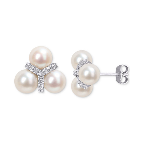 Cultured Freshwater Pearl (6 - 6-1/2mm) & White Topaz (1/5 ct. t.w.) Trio Cluster Stud Earrings in Sterling Silver
