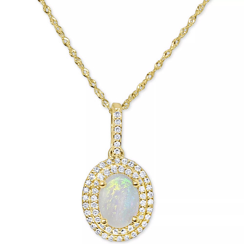 Opal (3/4 ct. t.w.) & Diamond (1/5 ct. t.w.) Oval Halo 18" Pendant Necklace in 14k Gold