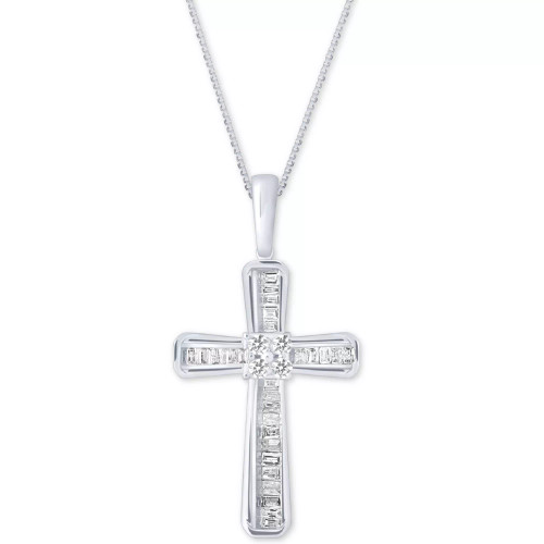 Diamond Baguette Cross Adjustable Pendant Necklace (1/5 ct. t.w) in 10k White or Yellow Gold