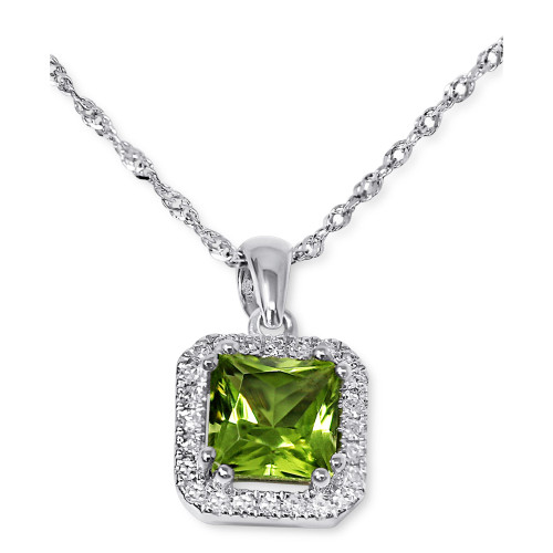 Peridot (7/8 ct. t.w.) & Diamond (1/10 ct. t.w.) Halo Pendant Necklace in 14k White Gold, 16" + 2" extender