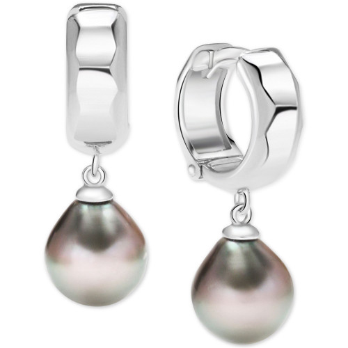 Cultured Tahitian Pearl (9mm) Dangle Huggie Hoop Earrings in Sterling Silver