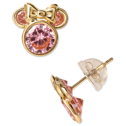 Pink Cubic Zirconia Minnie Mouse Stud Earrings in 14k Gold