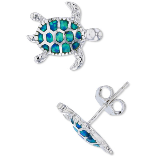 Lab-Created Blue Opal Turtle Stud Earrings in Sterling Silver