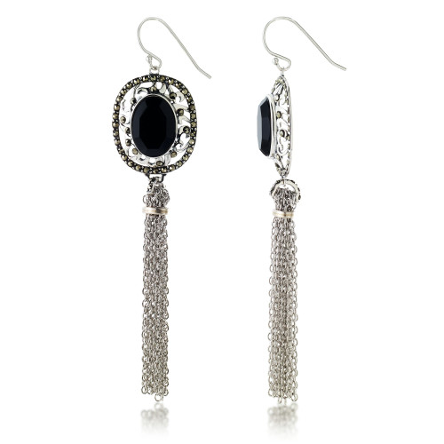 Marcasitre Faceted Onyx Tassel Wire Earrings in Sterling Silver