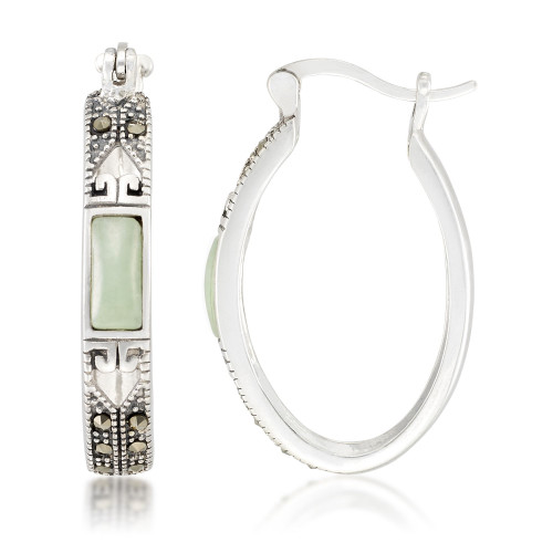Jade (7.5 x 5.3mm) & Marcasite Oval Hoop Earrings in Sterling Silver
