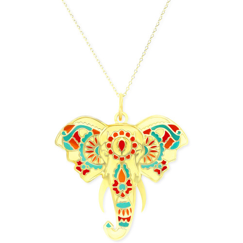Enamel Hand-Painted Elephant 18" Pendant Necklace in 14k Gold