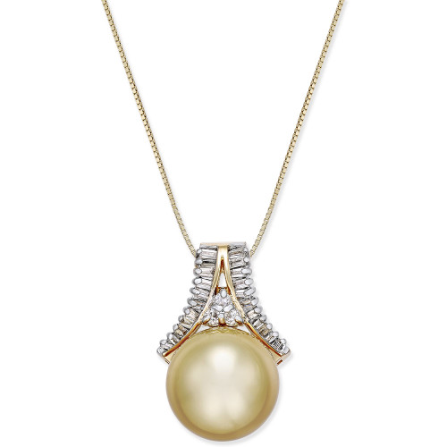 Cultured Golden South Sea Pearl (12mm) and Diamond (1/3 ct. t.w.) Pendant Necklace in 14k Gold