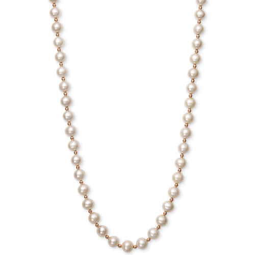 White Cultured Freshwater Pearl (7-1/2mm) and Gold Bead Collar Necklace in 14k Rose Gold