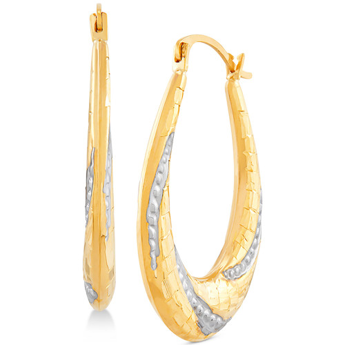 Two-Tone Beaded Oval Hoop Earrings in 14k Gold & White Rhodium-Plate