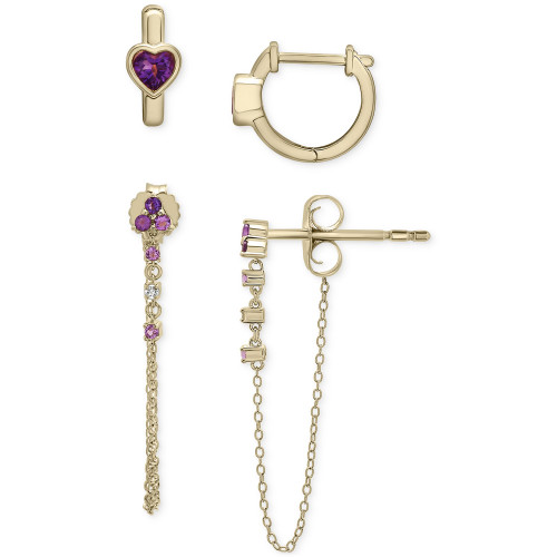 2-Pc. Set Amethyst (5/8 ct. t.w.) & Lab-Created White Sapphire (1/20 ct. t.w.) Hoop & Chain Drop Earrings in 14k Gold-Plated Sterling Silver