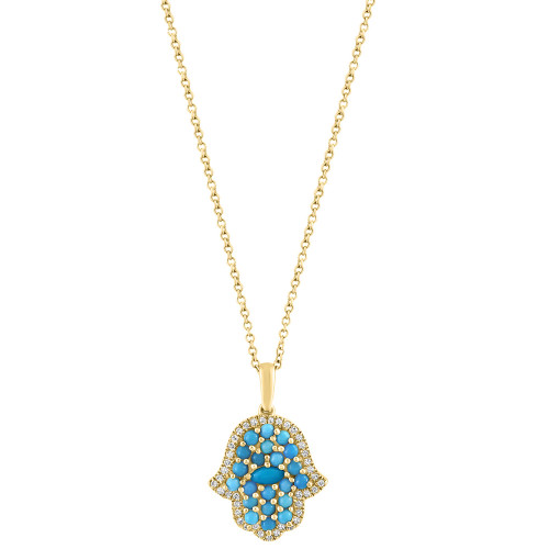 EFFY® Turquoise & Diamond (1/6 ct. t.w.) Hamsa Hand 18" Pendant Necklace in 14k Gold