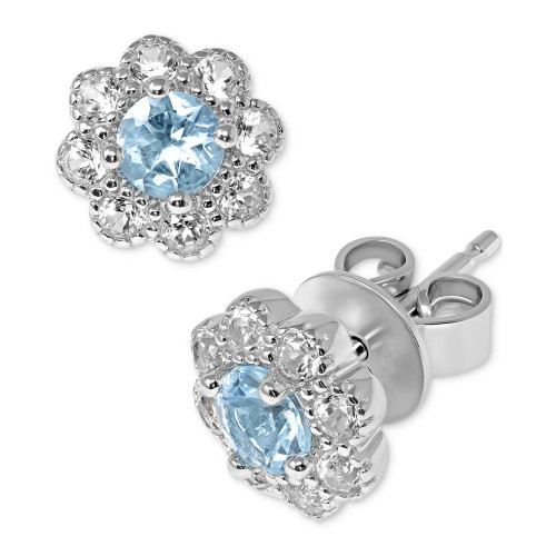 Aquamarine (3/8 ct. t.w.) & White Topaz (3/8 ct. t.w.) Flower Stud Earrings in Sterling Silver
