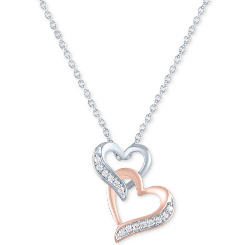 Diamond Double Heart Pendant Necklace (1/10 ct. t.w.) in Sterling Silver & 14k Rose Gold-Plate, 16" + 2" extender