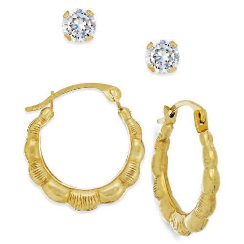 Cubic Zirconia and Ribbed Hoop Earring Set in 10k Gold