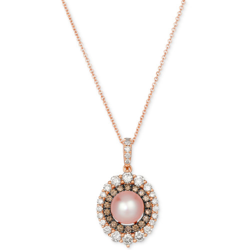 Strawberry Pearl (7mm) & Diamond (7/8 ct. t.w.) Double Halo 18" Pendant Necklace in 14k Rose Gold