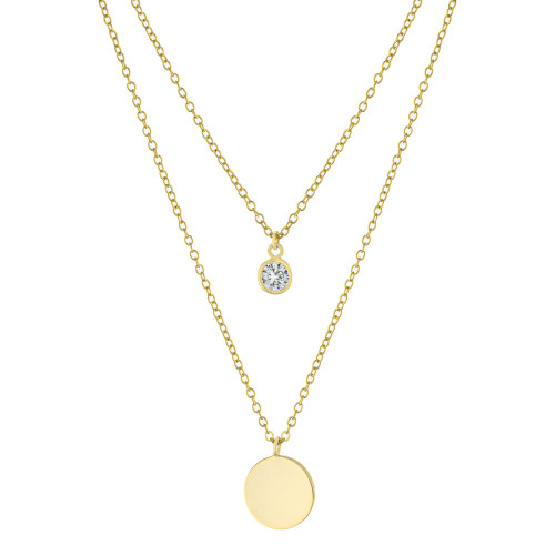 Double Layered 16" + 2" Cubic Zirconia Solitaire and 10mm Disc Chain Necklace in Gold Over Sterling Silver