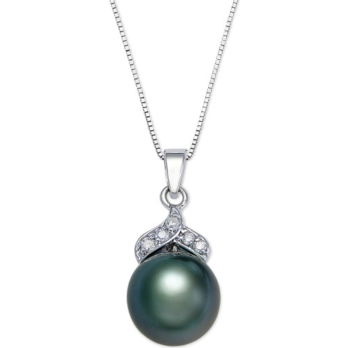 Tahitian Pearl (9mm) and Diamond Accent Pendant Necklace in 14k White Gold