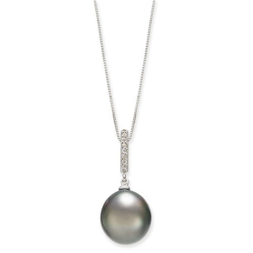 Cultured Tahitian Pearl (10mm) & Diamond Accent 18" Pendant Necklace in 14k White Gold