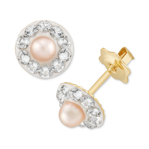 Children's Pink Cultured Freshwater Pearl (2-3/4mm) & Crystal Halo Stud Earrings in 14k Gold
