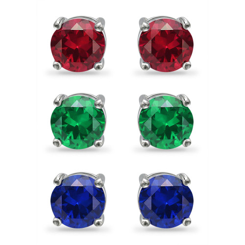 Created Green Quartz, Created Ruby and Simulated Blue Sapphire Stud Earring Set, 3 Piece