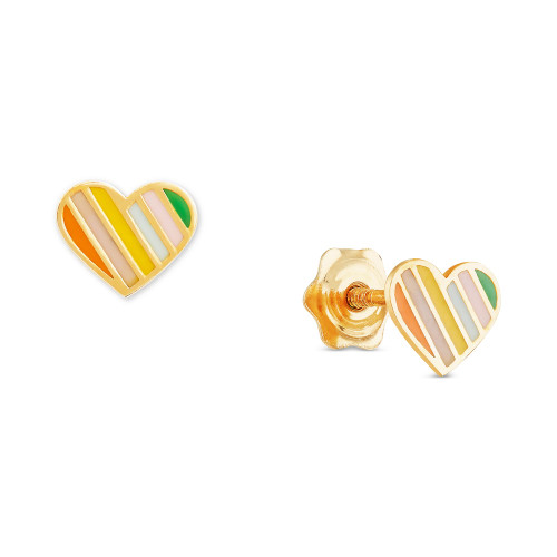 Children's Striped Enamel Heart Stud Earrings in 14k Gold