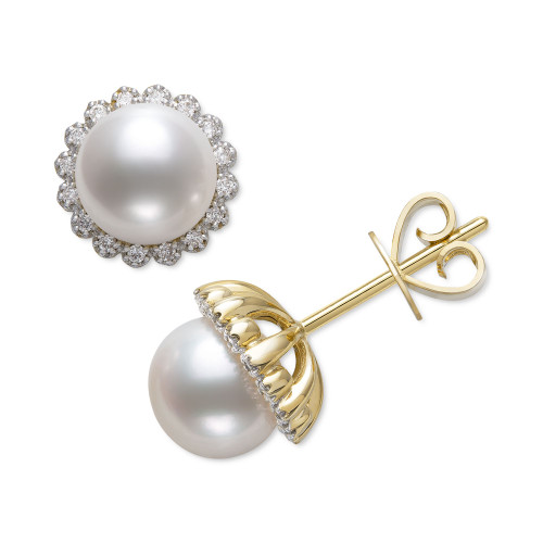 Cultured Freshwater Pearl (7mm) & Diamond (1/8 ct. t.w.) Halo Stud Earrings in 14k Gold, Created for Macy's