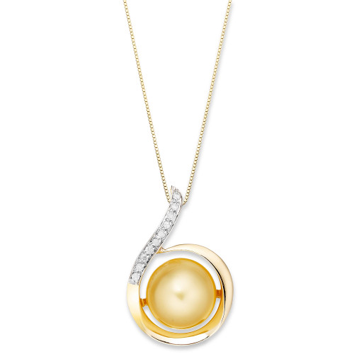 14k Gold Necklace, Golden South Sea Pearl (11mm) and Diamond (1/10 ct. t.w.) Swirl Pendant