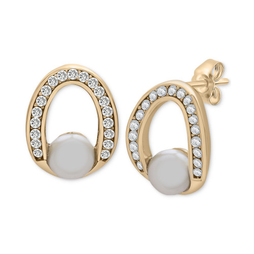 Cultured Freshwater Pearl (4mm) & Cubic Zirconia Open Stud Earrings in 14k Gold-Plated Sterling Silver