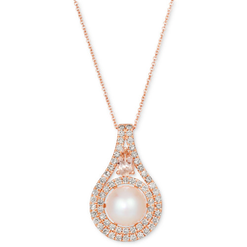 Vanilla Pearl (9mm), Peach Morganite (1/3 ct. t.w) & Nude Diamond (3/4 ct. t.w.) 18" Pendant Necklace in 14k Rose Gold