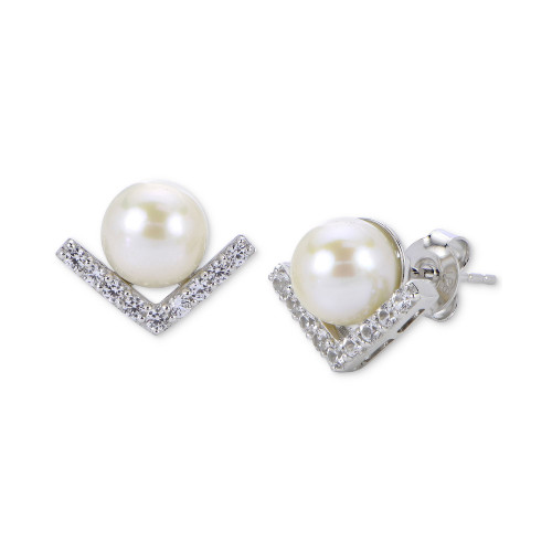 Cultured Freshwater Pearl (7mm) & Lab-Created White Sapphire (1/3 ct. t.w.) Chevron Stud Earrings in Sterling Silver