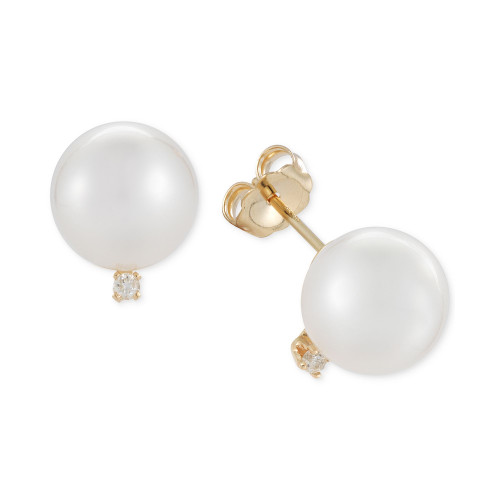 Cultured White South Sea Pearl (9mm) and Diamond Accent Stud Earrings in 14k Gold