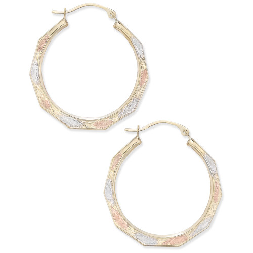 Tri-Color Decorative Hoop Earrings in 10k White, Yellow, and Rose Gold