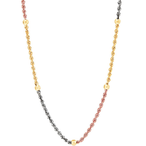 Tricolor Beaded Rope Link 18" Chain Necklace in 10k Gold, White Gold & Rose Gold